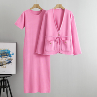 Set Gaun Rajut Gaya Kasual Musim Gugur, Set Cardigan Rajut dan Gaun Rajut, Set Dua Potong Rajut untuk Wanita
