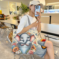 Nouveau sac fourre-tout en toile INS avec broderie florale éléphant au fil doré, grande capacité, bandoulière en corde de chanvre, applique florale