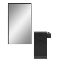 Miroir de salon de coiffure mural avec armoire de rangement assortie, poste de travail de salon à 4 tiroirs avec support pour sèche-cheveux
