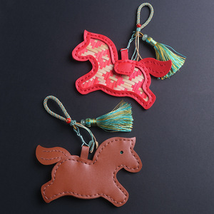 Handmade Pony Keychain Bamboo Leather Charm Cartoon Style Irregular Shape Red Green Color High Quality Bag Pendant - Product Image 3