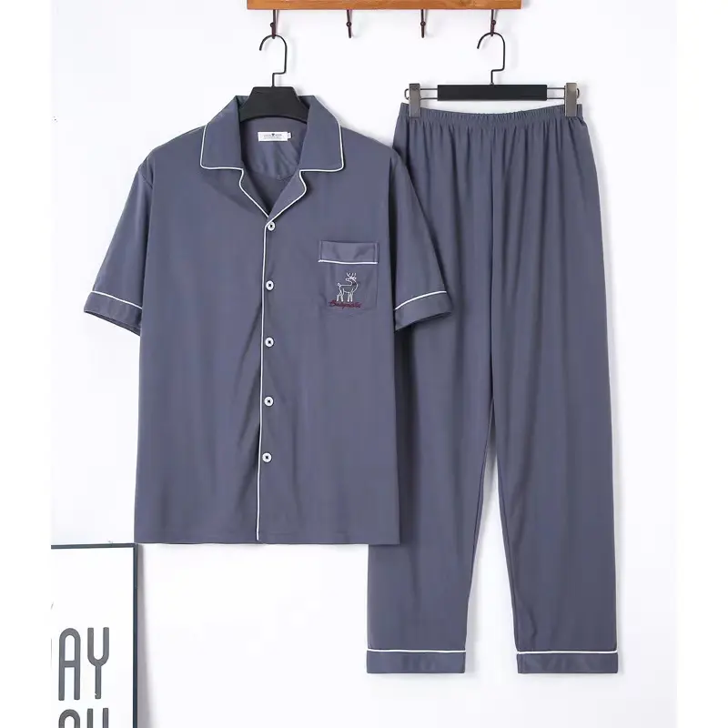 Custom Logo Comfortable Knit Cotton short sleeve and long pants men's sleepwear