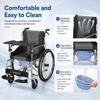Fauteuil roulant manuel pliable pour personnes âgées avec cadre en acier carbone, coussin de siège amovible, roues pneumatiques de 24 pouces et frein à main pour personnes handicapées