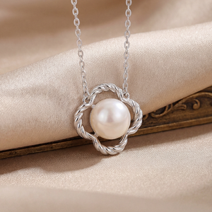 <b>Copper</b> Twisted Rope Clover Frame Freshwater Pearl Pendant Necklace Lucky Floral Minimalist Jewelry for Women - Product Image 2