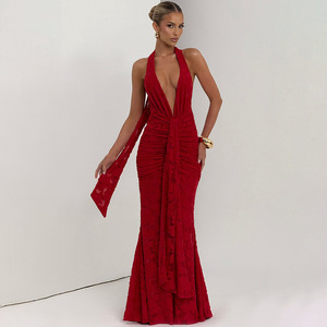 Evening Dress Women Deep V-Neck Halter Lace <b>Up</b> Pleated Long Formal Gown Natural Waistline <b>Open</b> Back Design - Product Image 2