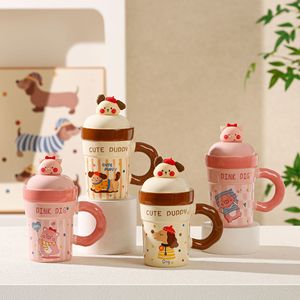 Tazas <span class=keywords><strong>de</strong></span> Cerámica 3D con Diseño <span class=keywords><strong>de</strong></span> Cerdito y Cachorro, con Tapa Antipolvo y Asa Antiescaldante para Café y Agua - Product Image 1