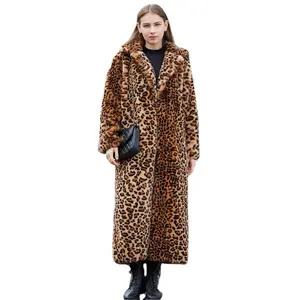 New Winter Women's Faux Fur Leopard Print Rabbit Tailored Collar Warm Thick X-Long Coat Long Sleeve Hipster Jacket Feminino