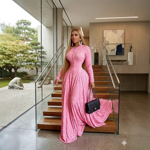 Robe longue rose brodée à manches longues, boutonnée sur le devant, coupe trapèze, longueur ras du sol, robe décontractée pour soirée - Product Image 5