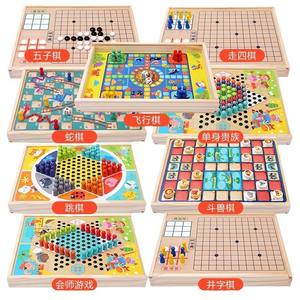 Juego de mesa de madera todo en uno JHTOY para niños, 4 jugadores, juego de ajedrez educativo multifuncional con serpientes y escaleras y ajedrez volador - Product Image 3