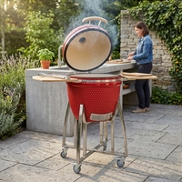 Barbecue au charbon de bois en céramique Kamado pour extérieur, 23,5 pouces |   Tables d'appoint pliables pour barbecue OEM avec roues verrouillables pour jardin et extérieur