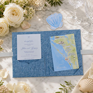 Set di Inviti Matrimoniali Personalizzati in Lino Azzurro con Etichetta a Conchiglia Acquerellata, <span class=keywords><strong>Mappa</strong></span> della Destinazione e Tasca Portacarte - Product Image 2