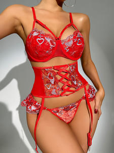 3pcs刺绣色情文胸和丁字裤短款套装胖乎乎的女性内衣 - Product Image 2