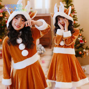 HESPER Costume de cosplay renne pour enfants, tenue de Noël marron avec bandeau, robe de Père Noël pour filles, best-seller - Product Image 1