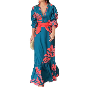 Nouvelle mode printemps européenne et américaine, robe élégante à col en V, imprimée, avec laçage à la taille - Product Image 4