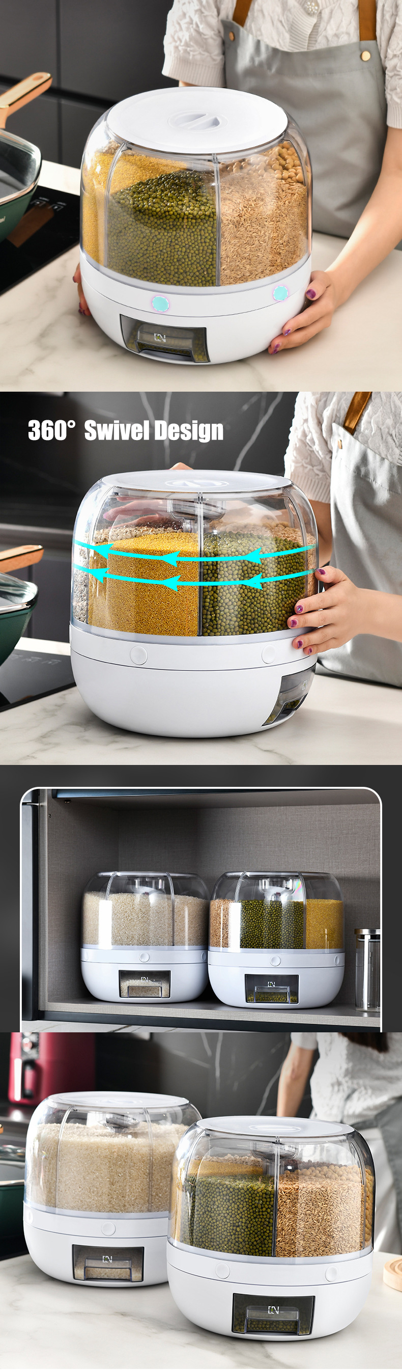 Plastic Round Kitchen Grain Storage Containers Cereal Dispenser Rotate Rice Dispenser