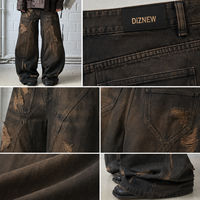 DiZNEW Pantalon en jean délavé pour homme, coupe ample et large, style cargo sculptural, effet vieilli et déchiré, poids lourd
