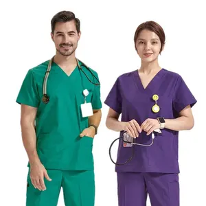 超级批发oem标志定制专业实验室男女护士医生紫色绿色粉色制服v领套装医用磨砂