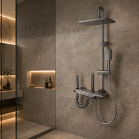 Ensemble de douche moderne en aluminium brossé avec pommeau de douche rectangulaire, système de robinetterie à trois poignées, 2 modes : Doux/Jet/Massage/Pause