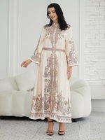 Robe longue vintage à col montant imprimée, vêtement islamique pour femme, Abaya Kaftan, ceinture dorée, polyester, sur mesure, ivoire, élégante