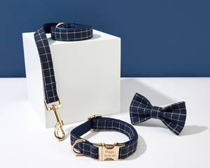 Navy Plaid Personalise Set, Puppy tie Metal Name Buckle, Collar Leash Bow for Big and Small Dog - Product Image 1