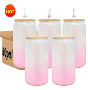 Canette en verre borosilicate de haute qualité de 16 oz, couleur dégradée, avec paillettes, couvercles et pailles, pour transfert par sublimation - Product Image 1