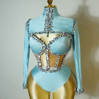 Combinaison de performance pour femme de qualité supérieure, sexy, style Drag Queen, en maille transparente ornée de strass néon, en Spandex/Coton, à manches longues, bleue