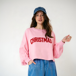<span class=keywords><strong>Felpa</strong></span> <span class=keywords><strong>Oversize</strong></span> <span class=keywords><strong>Rossa</strong></span> da Donna con Scritta MERRY, Applicazione Albero di Natale e Spacco Laterale, Pullover Festivo - Product Image 5
