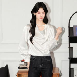 Women's Long Sleeve Dark Purple Satin Blouse With <b>Wrap</b> Tie Neck V Neck Design For Everyday Wear - Product Image 2