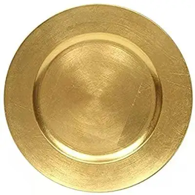Pratos carregadores metálicos dourados para jantar, pratos elegantes sob decoração, pratos carregadores de plástico