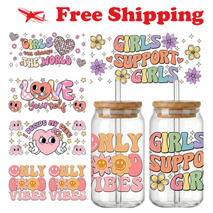 Free Shipping Girls Support Girls Change The <b>World</b> UV DTF <b>Cup</b> Wrap 16oz <b>Glass</b> Can Rub On Transfer - Product Image 1