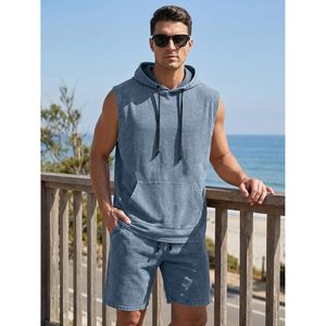 Conjunto de Sudadera sin Mangas y Pantalones Cortos para Hombre FOXA, Ropa Deportiva de Algodón Lavado al Ácido, Traje Deportivo Informal para Hombre - Product Image 3