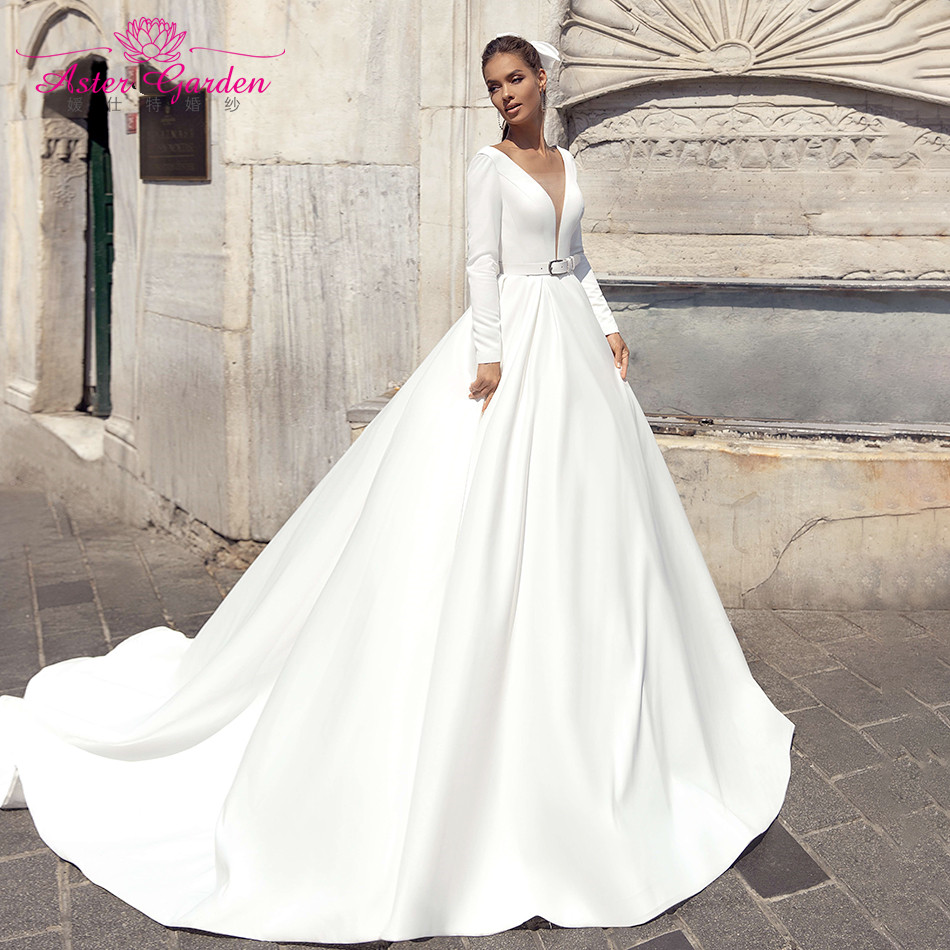 Plus Size Long Sleeve Satin Wedding Dresses | V-Neck A-Line Bridal Gown for  Weddings, Prom & Parties - Custom Options Available