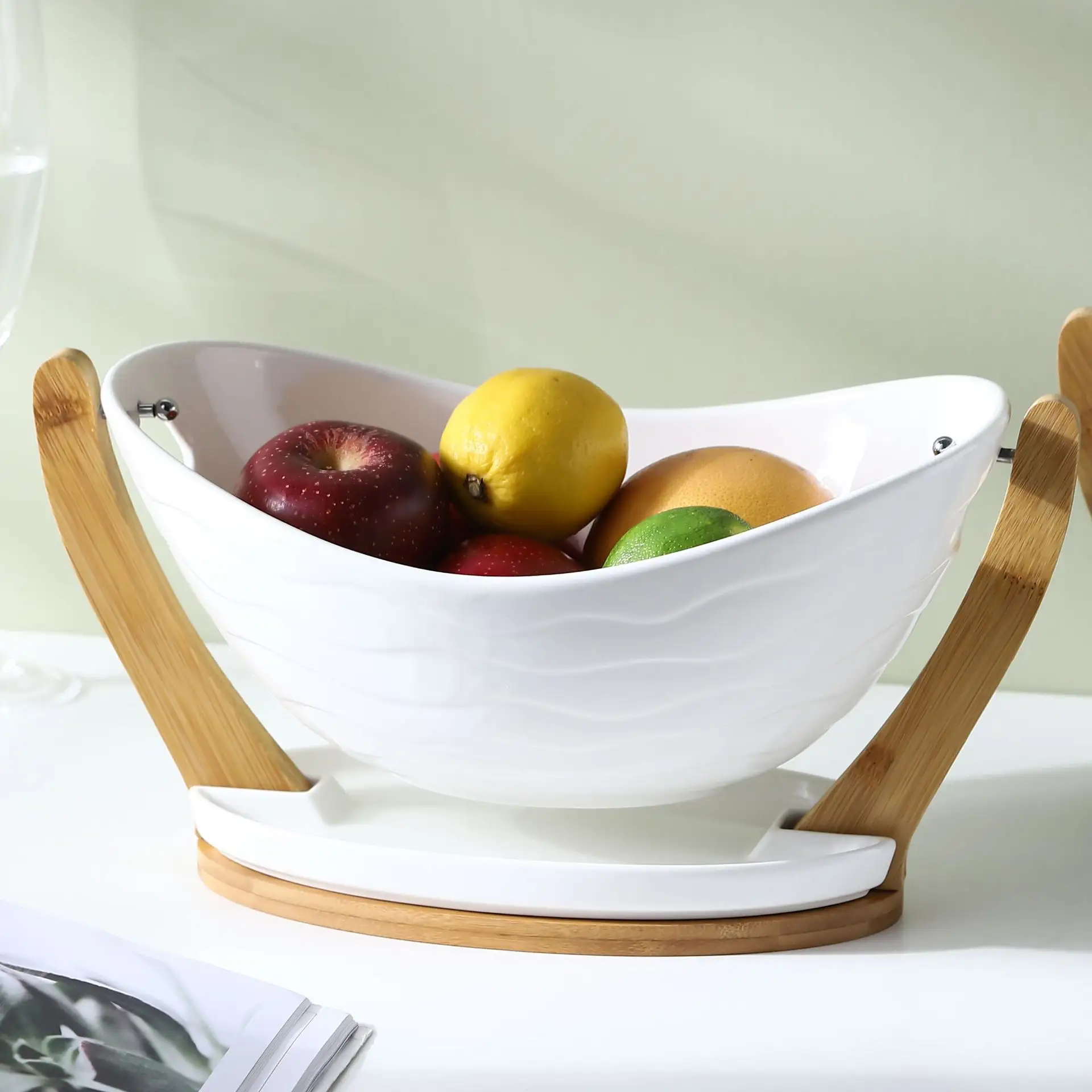 Share Ready to ShipIn Stock Fast Dispatch Marble Gold White Ceramic Fruit Salad Bowl Hotel Vegetable Bowl Bamboo Stand Kitchen