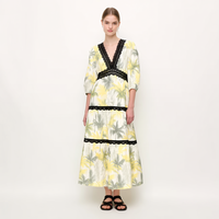 Robe midi personnalisée pour femme à imprimé feuille de palmier, col en V, manches bouffantes trois quarts, garniture en dentelle noire, à volants
