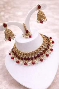 ชุดเครื่องประดับทองชุบประดับมุกสีเขียวแบบคุนดัน - สร้อยคอและต่างหูแบบดั้งเดิมสำหรับวันครบรอบของผู้หญิง - Product Image 3