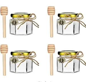 迷你六角蜂蜜罐-2盎司15包小玻璃蜂蜜罐-带木制翻斗器的玻璃蜂蜜罐