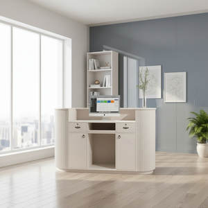 Curved Beauty Salon <strong>Reception</strong> Desk White MDF Front <strong>Counter</strong> with LED Backlit Custom Engraved Logo - Product Image 6