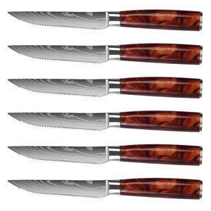 TOALLWIN Ensemble de 6 couteaux à steak, motif <span class=keywords><strong>Damas</strong></span> laser, lame en acier inoxydable dentelée et tranchante, manche en résine, couverts de cuisine pour barbecue - Product Image 1