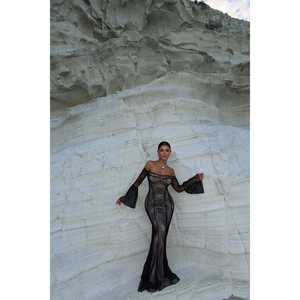 Robe de soirée formelle noire en dentelle Marianna, crochetée, coupe trapèze, taille empire, manches courtes, décolleté cœur, nœud, luxe, longueur au sol, XL - Product Image 4