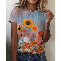 패션 대형 tshirt 여성 숙녀 여름 라운드 넥 캐주얼 느슨한 꽃 인쇄 티셔츠 넥타이 염료 탑 짧은 소매