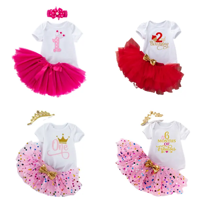 2020 Summer New Hair band bow letter cartoon short printing baby birthday party dress 1 years old girls dresses for wholesale