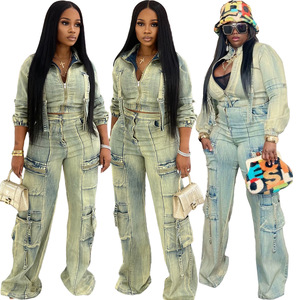 Completo <span class=keywords><strong>Donna</strong></span> in Denim Think 2025 Giacchetto Corto e <span class=keywords><strong>Jeans</strong></span> Cargo in Cotone Elasticizzato Set Due Pezzi Aderente Abbigliamento <span class=keywords><strong>Donna</strong></span> - Product Image 1