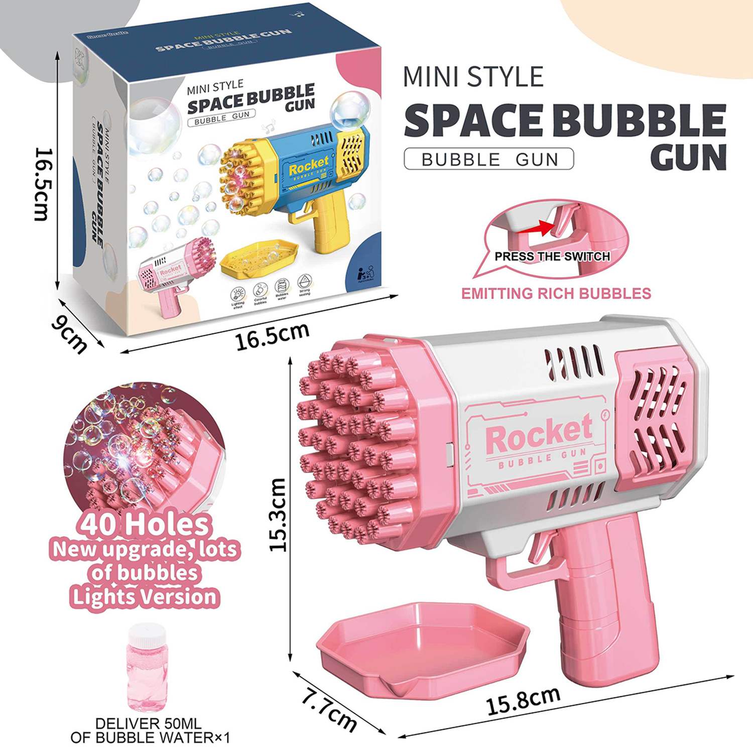 BGIUSQF Pistolet à Bulles 2 Pièces – Bazooka 40 Trous Avec LED, 4 Bouteilles Incluses, Jeu Extérieur Dès 3 Ans