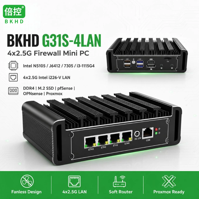 BKHD G31S 4LAN Mini PC Intel Celeron N5105 J6412 7305 Core I3-1115G4 4LAN 2.5Gb I226V Fanless Firewall Network Appliance