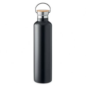 Bouteille isotherme en acier inoxydable 1L personnalisée avec logo promotionnel, couvercle en bambou, poignée métallique, pour le sport, la remise en forme, les activités de plein air, cadeau - Product Image 1