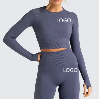 Women 2pcs Seamless Yoga Set Sport Suit Gymwear Workout Clothes Long Sleeve Gym Crop Top High Waist Leggings Fitness Sports Wear