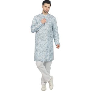 Triloki Men's <b>Long</b> Kurta Printed 100% Cotton Breathable Poplin Fabric <b>Eid</b> Diwali Festival Wear - Product Image 1