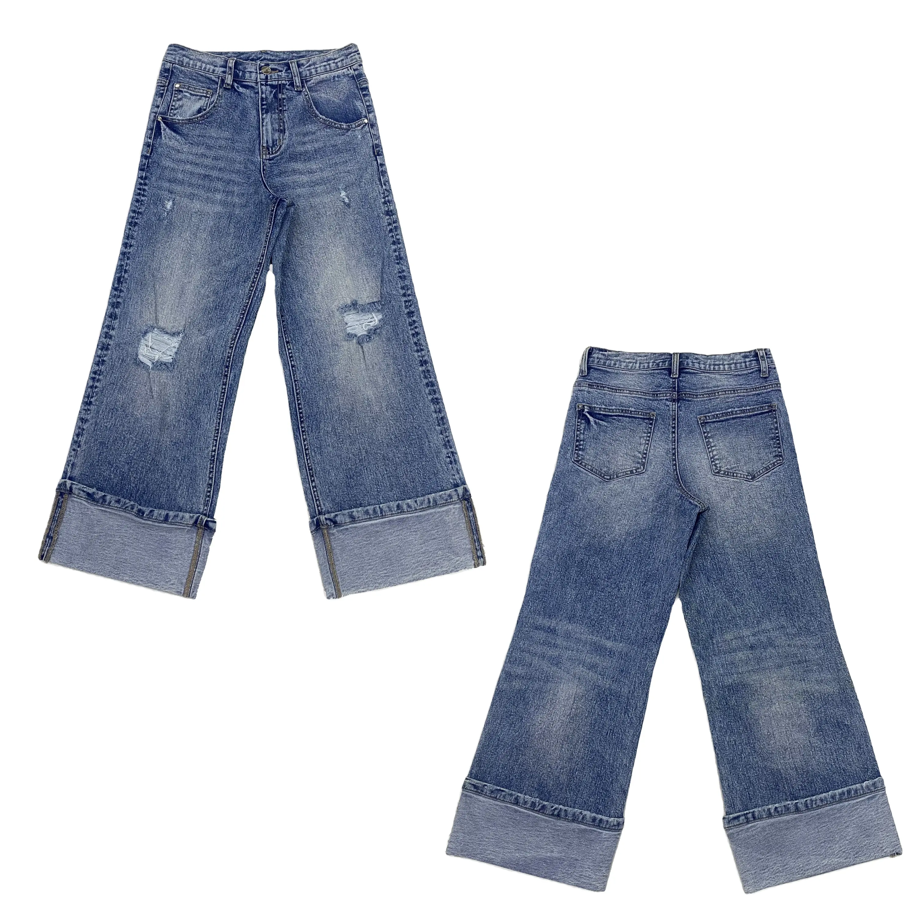Jeans pinggang tinggi lurus Logo kustom wanita, celana Denim kustom dengan tambalan ukuran besar