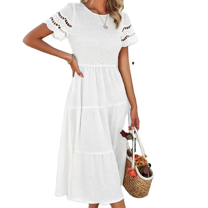 2024 new women clothing solid color elegant smocked hollow out dress ladies modest summer loose white casual dresses for women