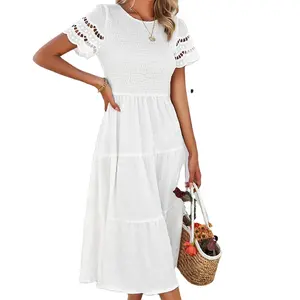 2024 новая женская одежда однотонное элегантное платье с вырезами, женское скромное летнее свободное белое Повседневное платье для женщин