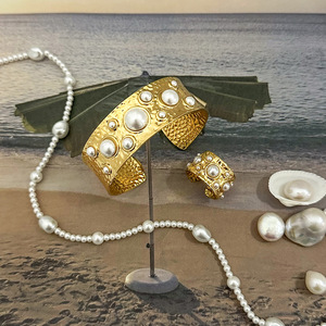 <b>Gold</b> Plated Hammered Pearl Open <b>Bangle</b> With Bezel Setting For Party Jewelry <b>Set</b> - Product Image 3